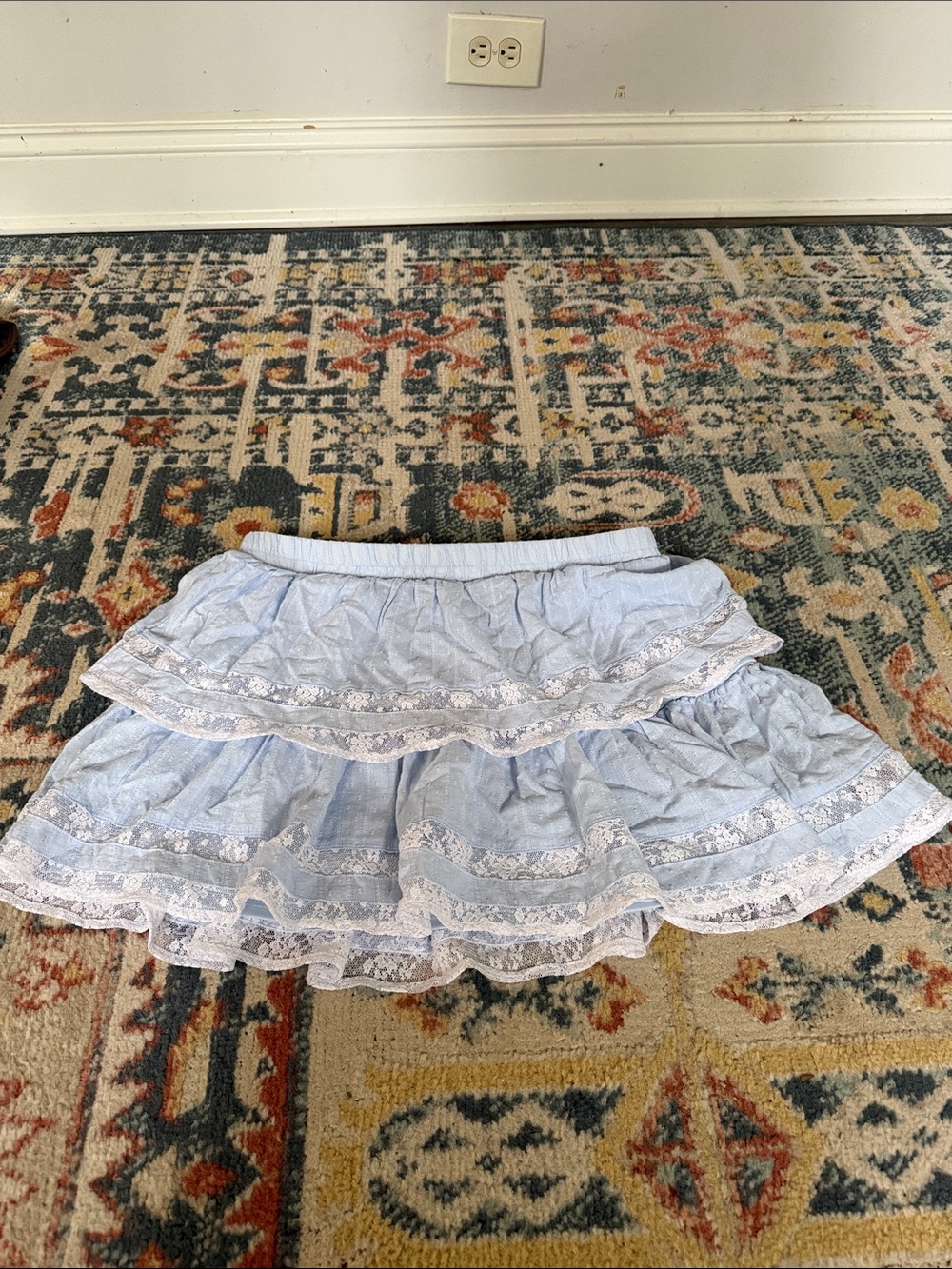 Gorgeous Stunning Francesca’s Light Blue Tiered Lace Mini Skirt